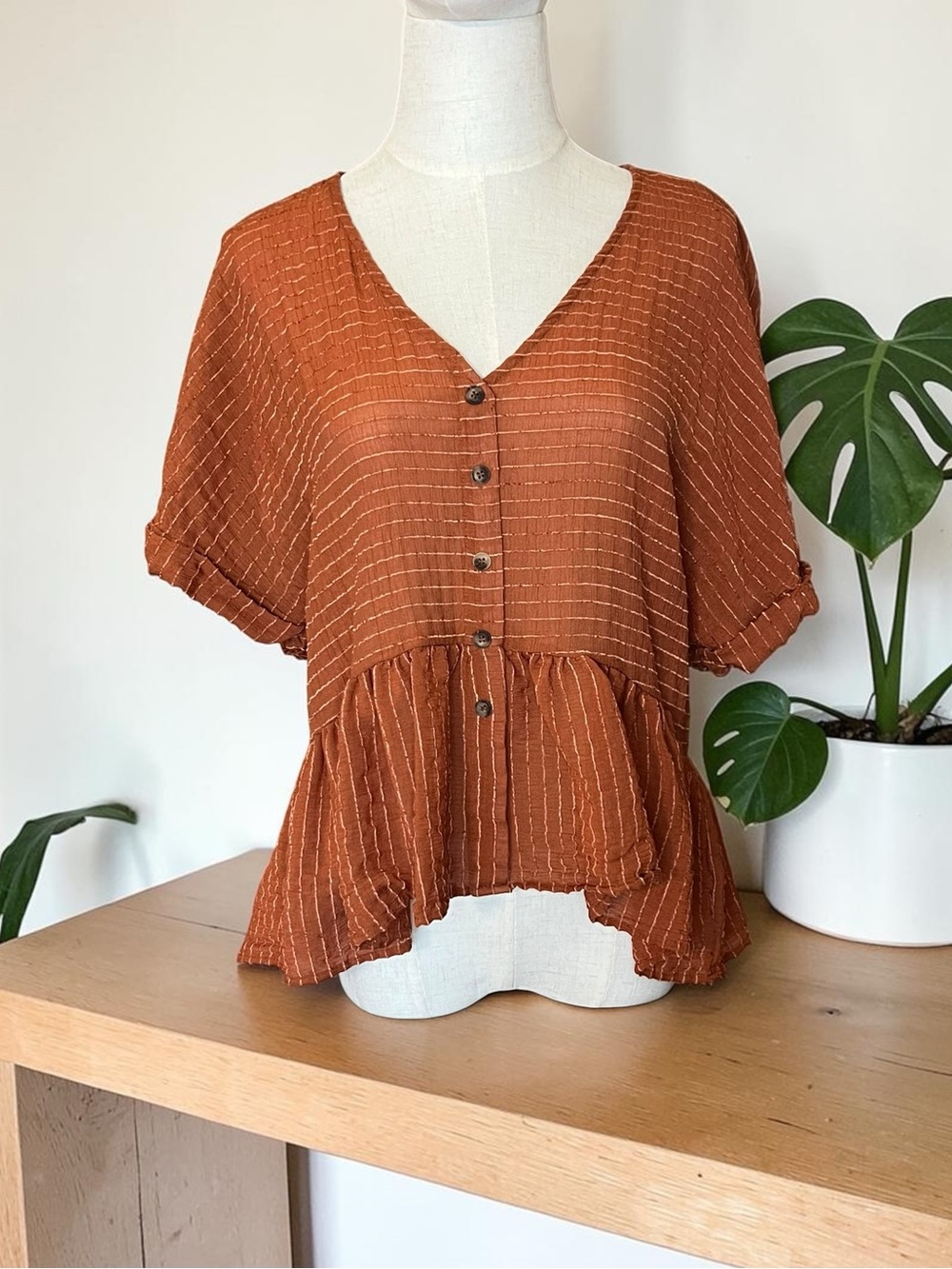 Blu Pepper Rust Orange Button-Down Peplum Top